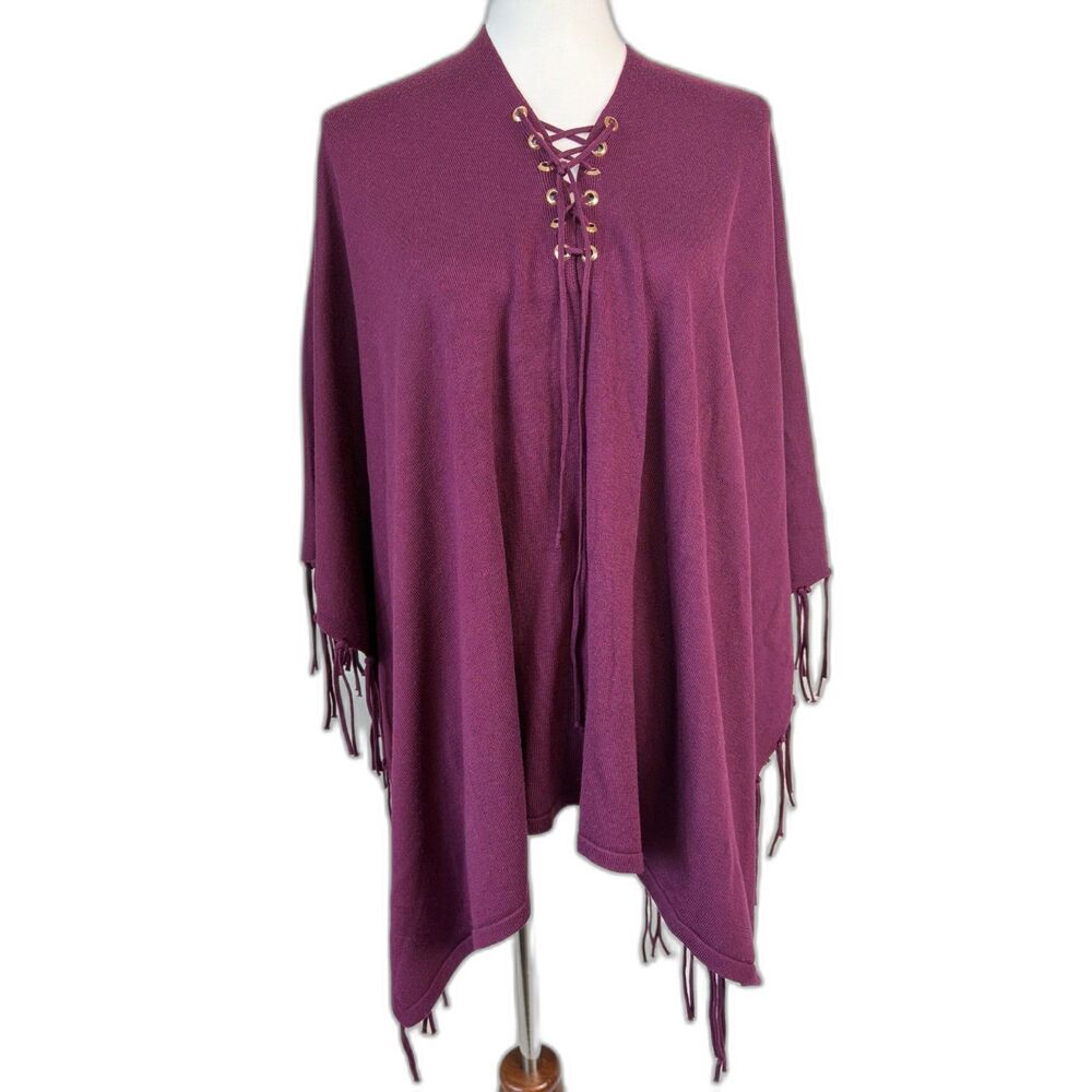 Chico's Lace-Up Fringe Poncho Monrovia Burgundy Wine OS Boho Western Layers